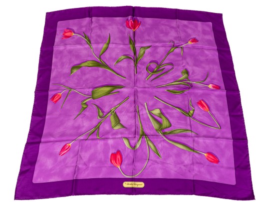 Salvatore Ferragamo Lovely Purple And Green Vintage Silk Tulip Motif Scarf