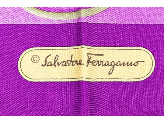 Salvatore Ferragamo Lovely Purple And Green Vintage Silk Tulip Motif Scarf