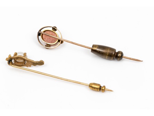 Two 14K Vintage Cameo And Pearl Stick Pins