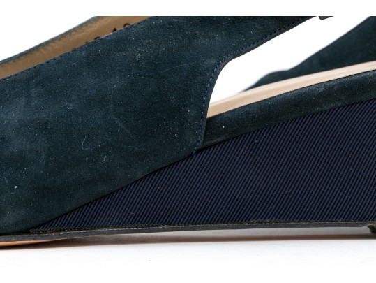 Salvatore Ferragamo Fun Blue Suede And Grosgain Slingback Wedges, Size 10B