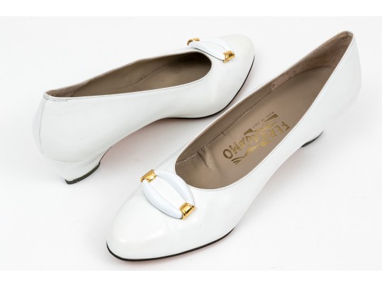 Salvatore Ferragamo Striking White Leather Embellished Pumps, Size 10B