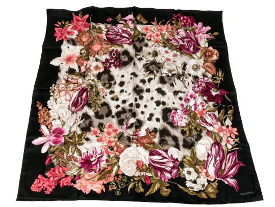 Valentino Vintage Silk Scarf, Black, Pink And Green Tones, Leopard Print And Floral Motifs