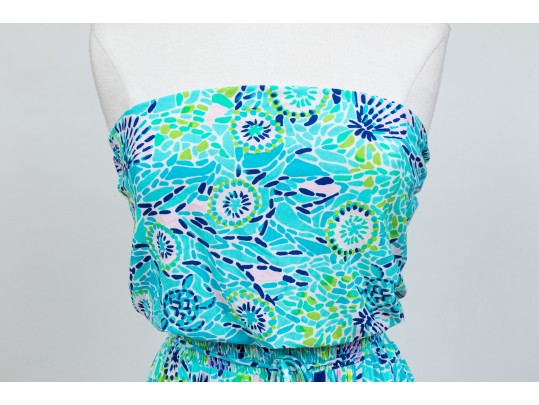 Lilly Pulitzer Cheerful Turquoise And Green Strapless Maxi Dress, Size Small