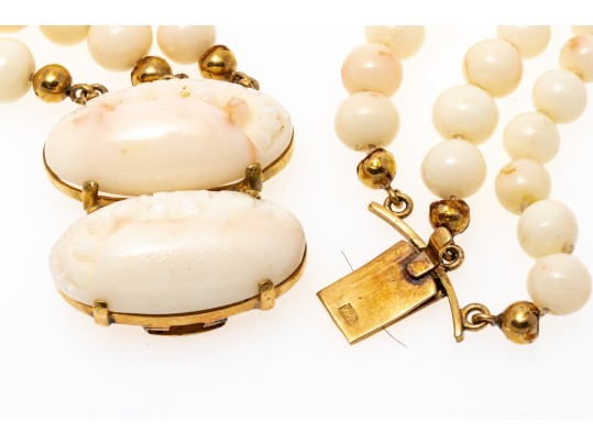 Beautiful Triple Strand Graduated Coral Necklace, With An 18k Yellow Gold Clasp