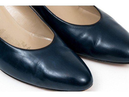 Salvatore Ferragamo Classic Navy Blue Leather Pumps, Size 10B