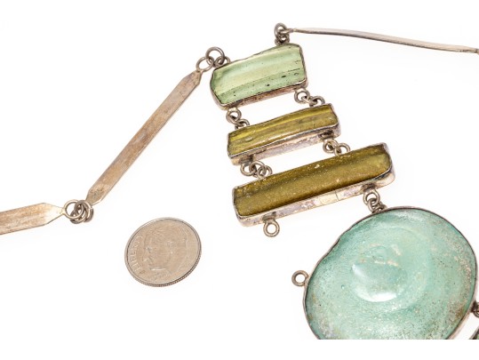 Sterling Silver Magnificent Green Sea Glass Bib Necklace, With Handwrought Chain