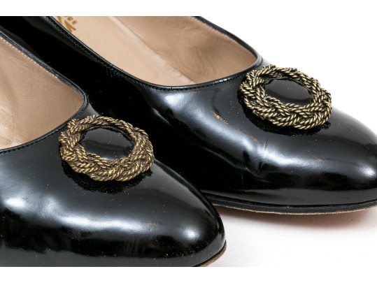 Salvatore Ferragamo Decorative Black Patent Leather Pump With Decorative Top, Size 40B