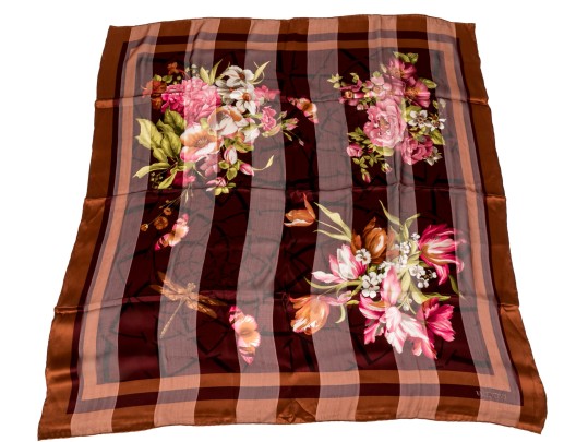 Valentino Lovely Burgundy And Coppper Floral Motif Silk Scarf