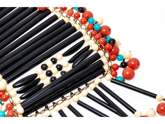 Magnificent Vintage 1970's Acrylic Bib Choker Neck Piece, Black, Coral, Ivory And Turquoise