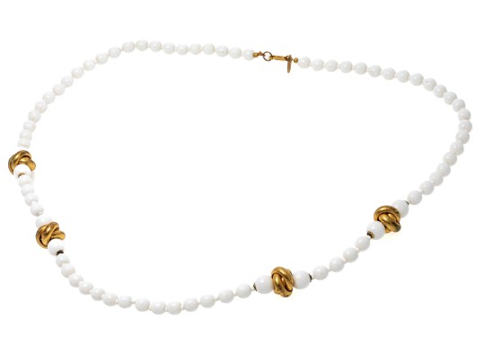 Miriam Haskell Fabulous Vintage Gold Tone Love Knot And White Glass Bead Opera Length Necklace