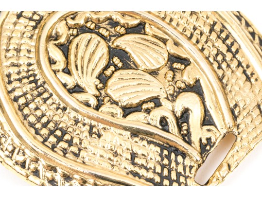 Wonderful Black Leather And Gold Tone Paisley Buckle Vintage 1970's Belt
