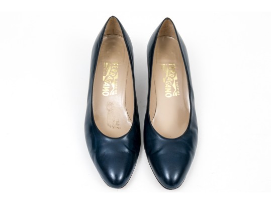 Salvatore Ferragamo Classic Navy Blue Leather Pumps, Size 10B