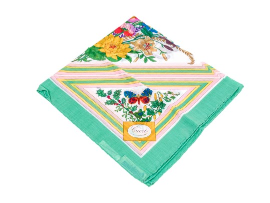 Gucci Vintage New Old Stock Floral Butterfly Cotton Neck Scarf, Green, With Packaging