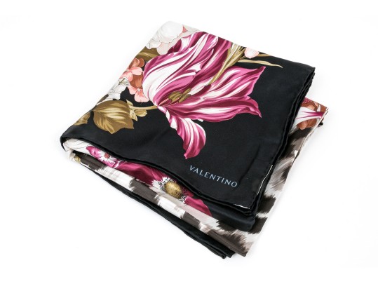 Valentino Vintage Silk Scarf, Black, Pink And Green Tones, Leopard Print And Floral Motifs