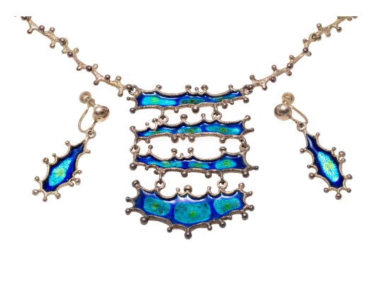 Sterling Silver Blue And Green Enamel Fabulous Brutalist Necklace And Earrings