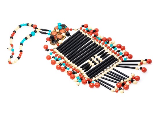 Magnificent Vintage 1970's Acrylic Bib Choker Neck Piece, Black, Coral, Ivory And Turquoise