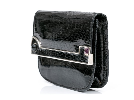 Judith Leiber Handsome Black Lizard Mini Purse/key Chain
