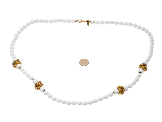 Miriam Haskell Fabulous Vintage Gold Tone Love Knot And White Glass Bead Opera Length Necklace