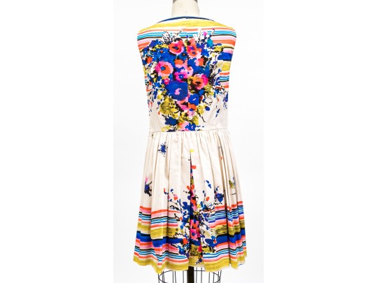 Valentino Red Bright Multi Color Sleeveless Cotton Dress, Gathered Skirt, Size 48