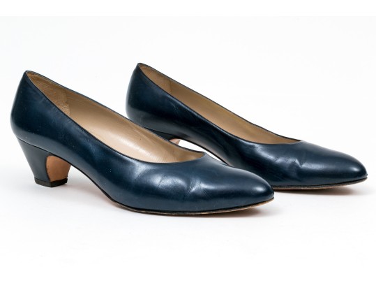 Salvatore Ferragamo Classic Navy Blue Leather Pumps, Size 10B