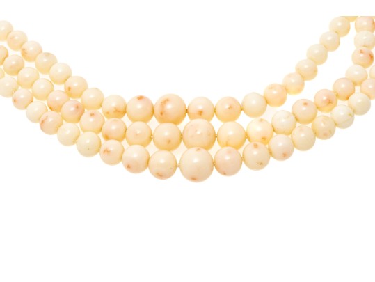 Beautiful Triple Strand Graduated Coral Necklace, With An 18k Yellow Gold Clasp