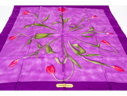 Salvatore Ferragamo Lovely Purple And Green Vintage Silk Tulip Motif Scarf
