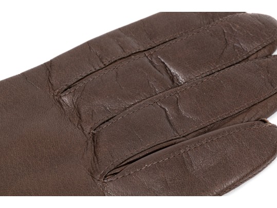 Coach Handsome Brown Leather And Silk Gloves, Size 7 1/2