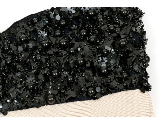 Hervé Léger Elegant Black And Ivory Bedazzled Strapless Sheath Dress, Size XS