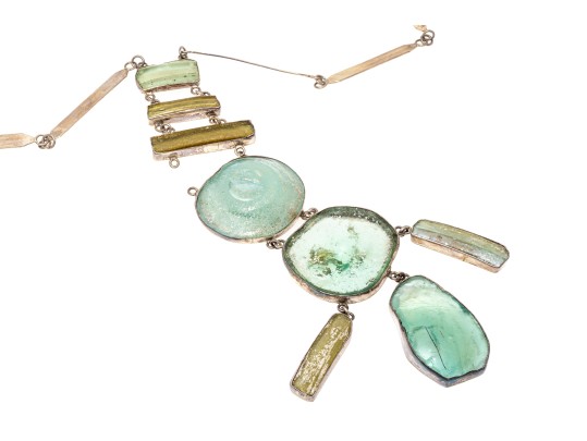 Sterling Silver Magnificent Green Sea Glass Bib Necklace, With Handwrought Chain