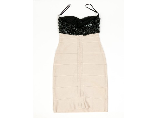 Hervé Léger Elegant Black And Ivory Bedazzled Strapless Sheath Dress, Size XS
