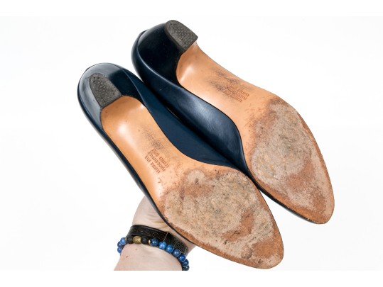 Salvatore Ferragamo Classic Navy Blue Leather Pumps, Size 10B