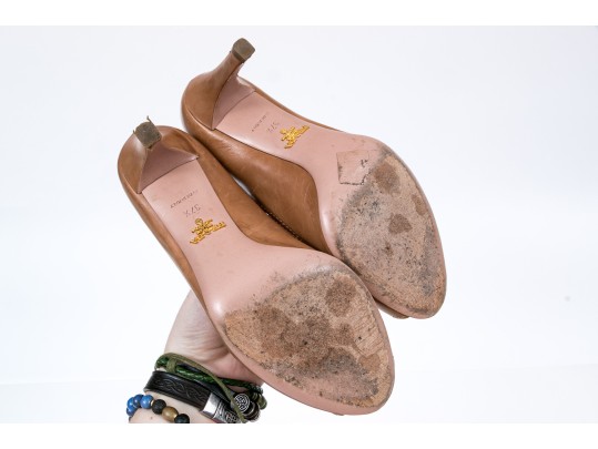 Prada Tan Leather Peep Toe Pumps, Size 37 1/2