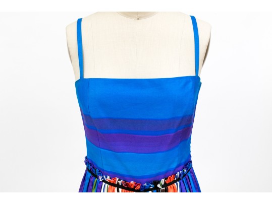Valentino Red Vibrant Multi Color Tank Dress, Gathered Skirt, Size 42