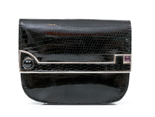 Judith Leiber Handsome Black Lizard Mini Purse/key Chain