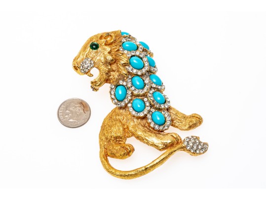 Kenneth Jay Lane Majestic Gold Tone Faux Turquoise And Rhinestone Vintage Lion Brooch