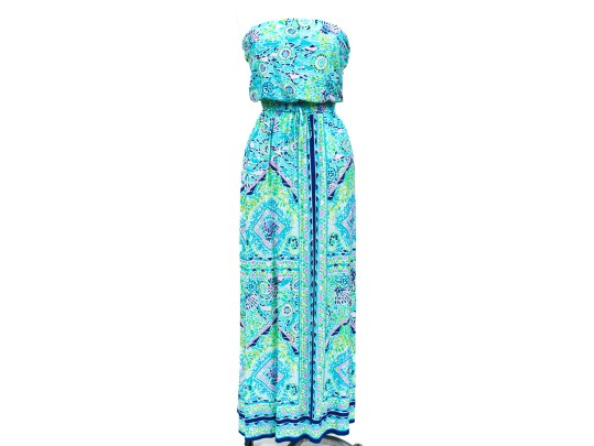 Lilly Pulitzer Cheerful Turquoise And Green Strapless Maxi Dress, Size Small