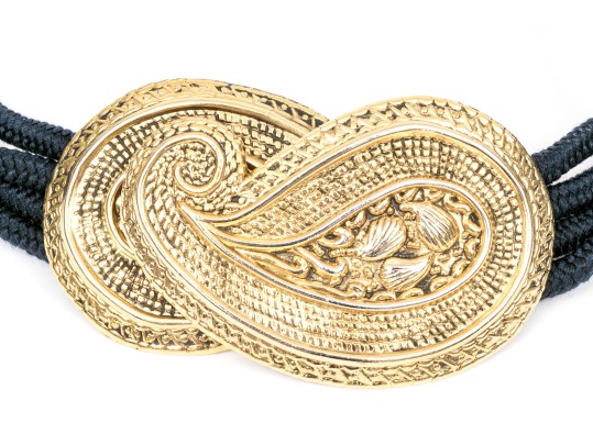 Wonderful Black Leather And Gold Tone Paisley Buckle Vintage 1970's Belt