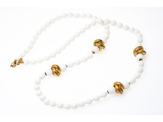 Miriam Haskell Fabulous Vintage Gold Tone Love Knot And White Glass Bead Opera Length Necklace