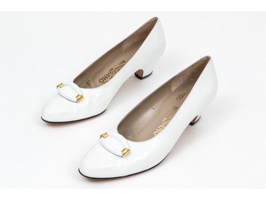 Salvatore Ferragamo Striking White Leather Embellished Pumps, Size 10B