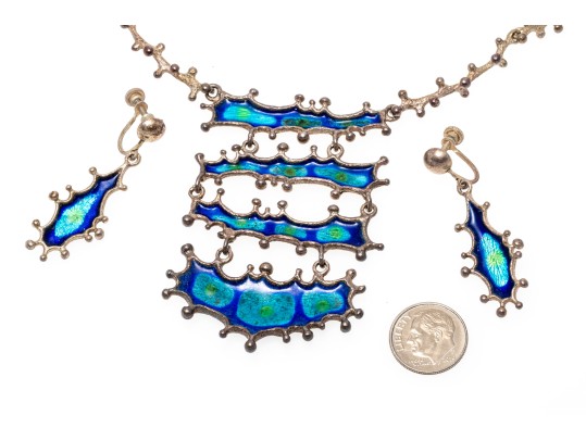 Sterling Silver Blue And Green Enamel Fabulous Brutalist Necklace And Earrings