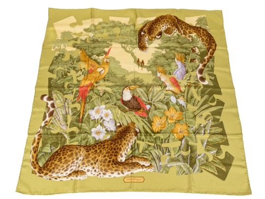 Salvatore Ferragamo Beautiful Green Toned Leopard Motif Silk Scarf