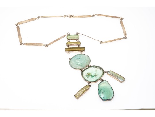 Sterling Silver Magnificent Green Sea Glass Bib Necklace, With Handwrought Chain