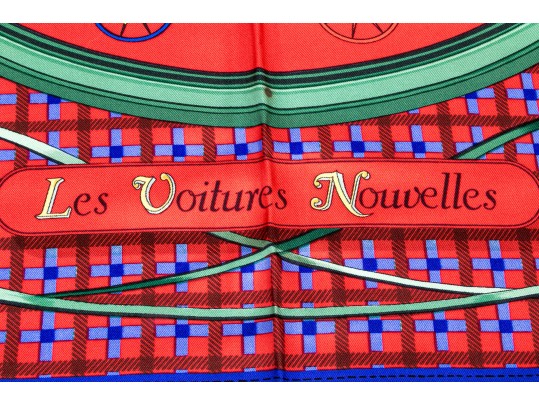 Hermès Paris Striking Vintage Les Voiturs Nouvelles Silk Scarf, By Jacques Eudel