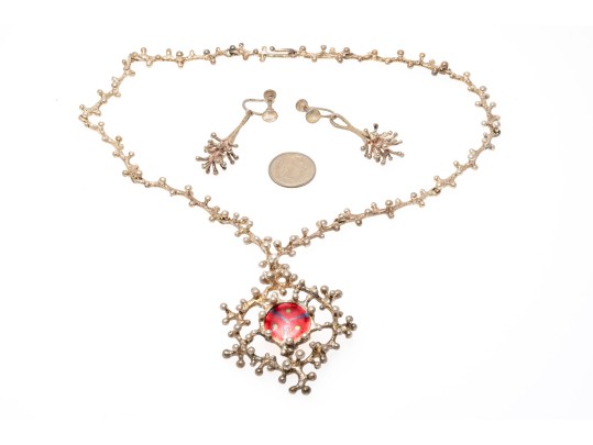 Sterling Silver, Copper And Enamel Brutalist Necklace, With Earrings, Clip On Style