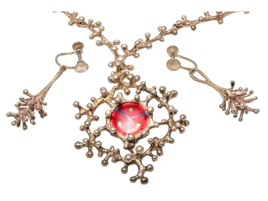 Sterling Silver, Copper And Enamel Brutalist Necklace, With Earrings, Clip On Style
