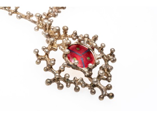 Sterling Silver, Copper And Enamel Brutalist Necklace, With Earrings, Clip On Style