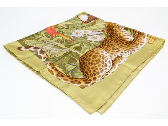 Salvatore Ferragamo Beautiful Green Toned Leopard Motif Silk Scarf