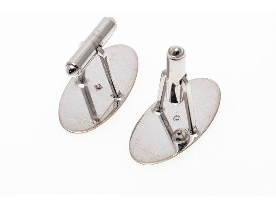 14k White Gold Oval Florentined Diamond Center Cufflinks, App. 0.04 TCW