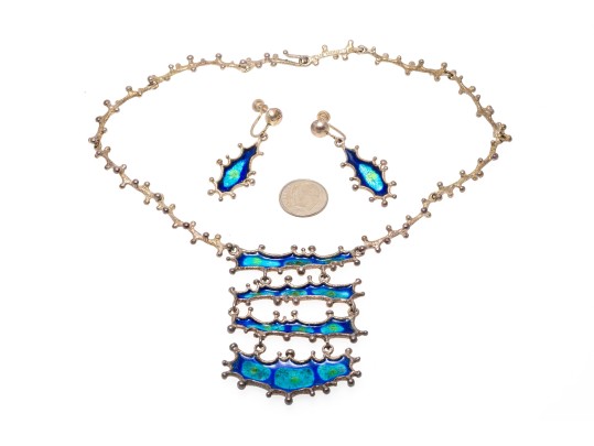 Sterling Silver Blue And Green Enamel Fabulous Brutalist Necklace And Earrings