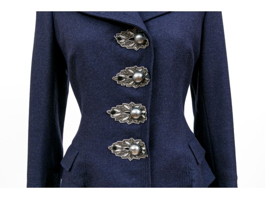 Blumarine Eye-catching Blue Wool And Cashmere Skirt Suit, Size 44 Italy (USA 8)